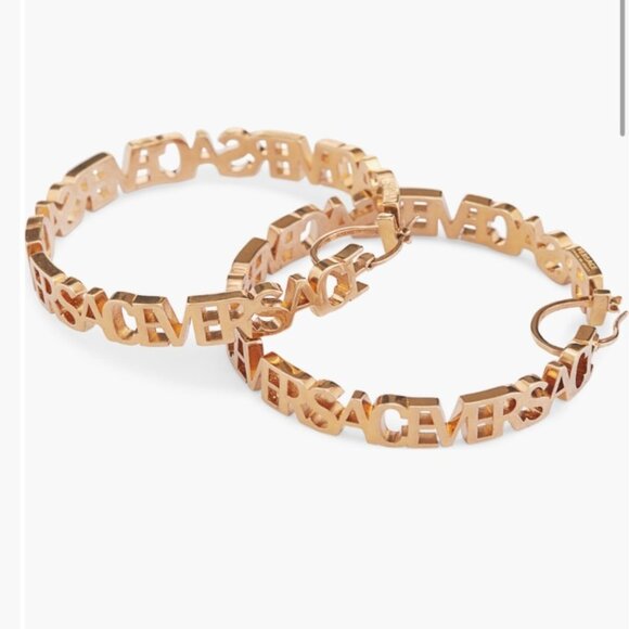 Versace Logo Hoop Earrings Gold Tone - Picture 10 of 10